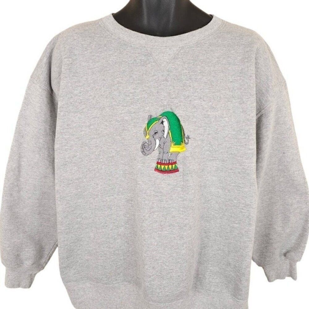 Vintage Circus Elephant Sweatshirt Mens Size XL Gray 90s Embroidered Animal